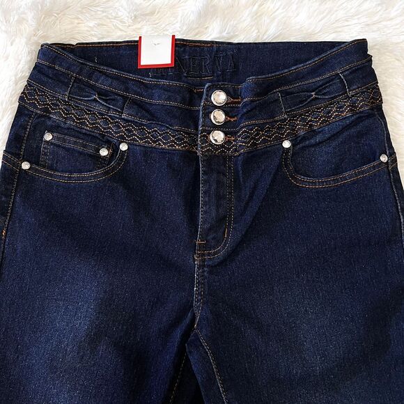 MINERVA CLOTHING Women's Jeans Sz 9 Navy 3 Pockets Stretch Embroidery Rhinestone - Picture 4 of 13